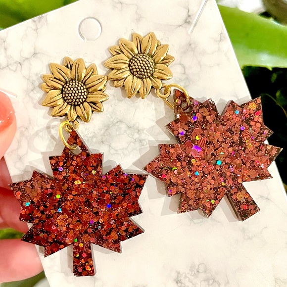 Acrylic Autumn Leaf Floral Earrings - Picture 5 of 6